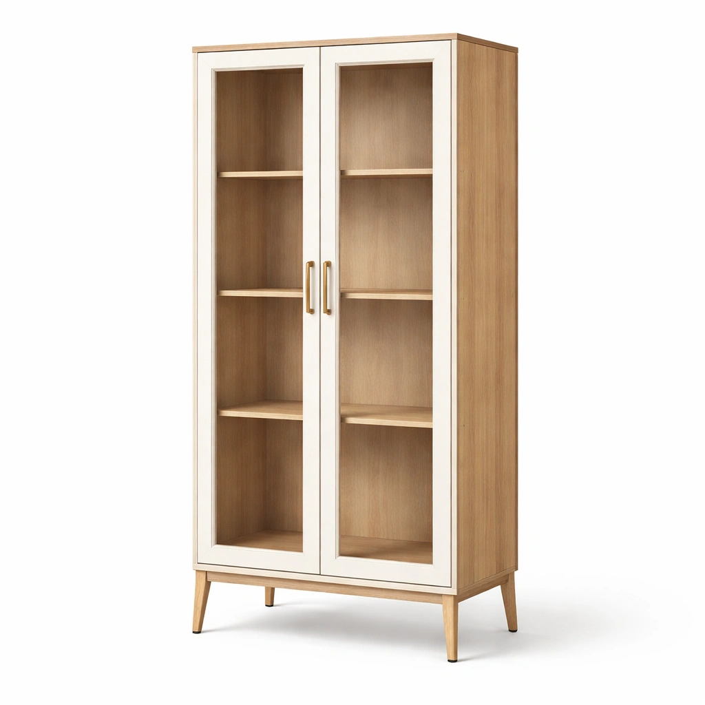 Vitrinenschrank Skandinavisch mit Glasturen Holzoptik